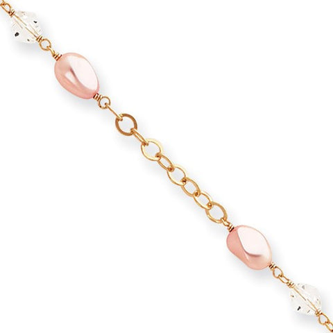 Gold Plated Pink Glass Pearl and Crystal Bracelet