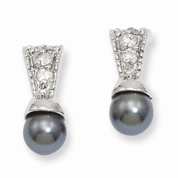 Rhodium-plated Black Glass Pearl CZ Earrings