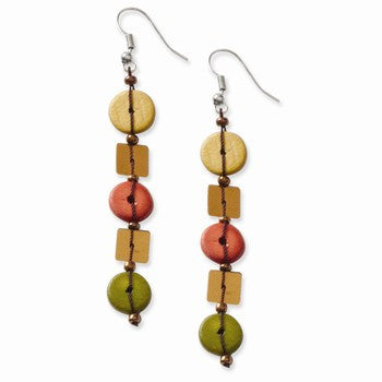 Silver-tone Green/Red/Brown Hamba Wood Sequin 3in Dangle Earrings