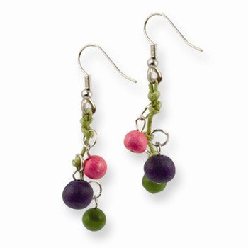 Silver-tone Green/Turquoise/Fuchsia Hamba Wood 1.5in Dangle Earrings