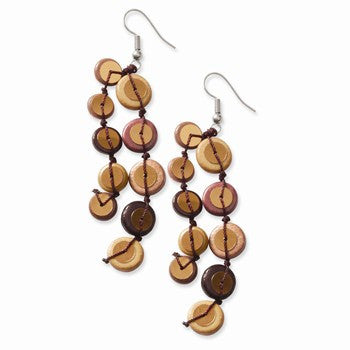 Silver-tone Brown Purple Hamba Wood Sequin 3in Dangle Earrings