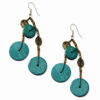 Silver-tone Turquoise Hamba Wood Bead Sequin 3.25in Dangle Earrings