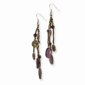 Silver-tone, Hamba Wood, Acrylic Beads Sequins 3in Dangle Earrings