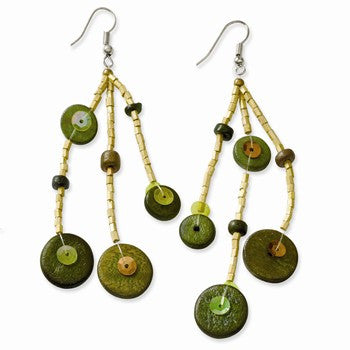 Silver-tone Green Hamba Wood Brown Bead 3.25in Dangle Earrings