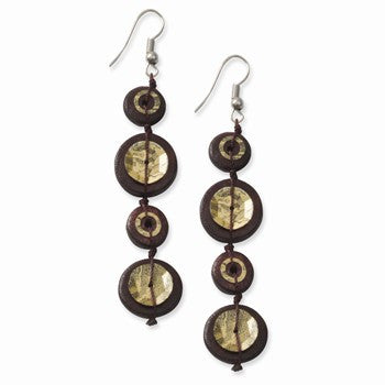 Silver-tone Brown Hamba Wood Sequin Corded 3in Dangle Earrings