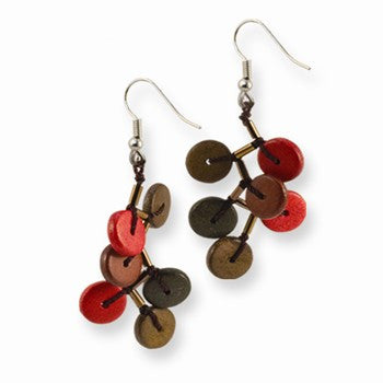 Silver-tone Brown Red Hamba Wood Bead Dangle 2.25in Earrings