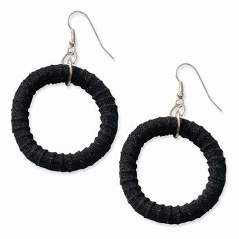 Silver-tone Black Faux Suede Rattan Circle 2.5in Dangle Earrings