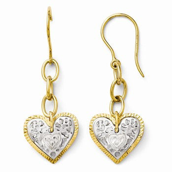 14k Two-tone Polished Diamond-cut Heart Shepherd Hook Earrings