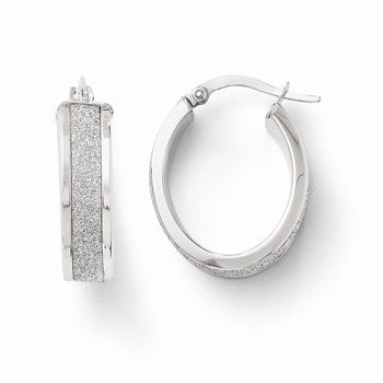 14k White Gold Fancy Glitter Infused Oval Hoop Earrings