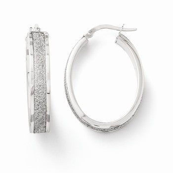 14k White Gold Fancy Glitter Infused Oval Hoop Earrings