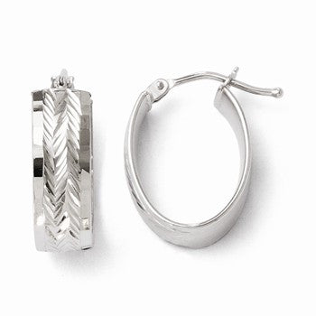 14k White Gold Polished & Diamond-cut Oval Hoop Earrings