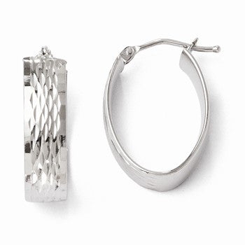 14k White Gold Polished & Diamond-cut Oval Hoop Earrings