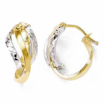 14k Two-tone Polished & Diamond-cut Oval Hinged Hoop Earrings