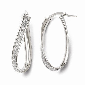 14k White Gold Polished Glitter Infused Oval Hoop Earrings