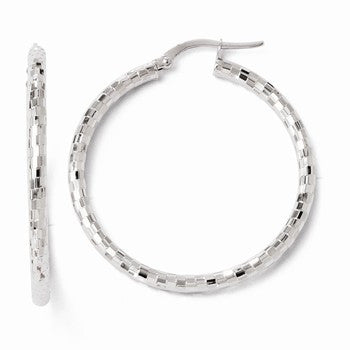 14k White Gold Polished & Textured Hoop Earrings