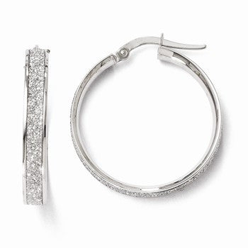 14k White Gold Polished Glitter Infused Hoop Earrings