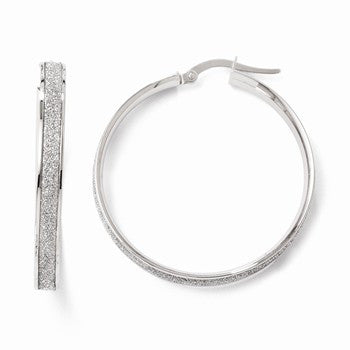 14k White Gold Polished Glitter Infused Hoop Earrings