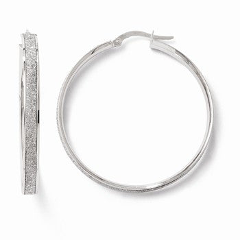 14k White Gold Polished Glitter Infused Hoop Earrings