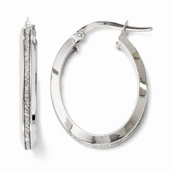 14k White Gold Polished Glitter Infused Oval Hoop Earrings