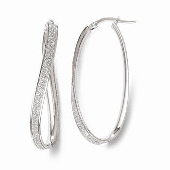 14k White Gold Polished Glitter Infused Oval Hoop Earrings