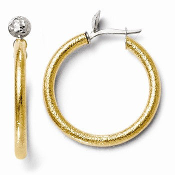 14k Two-tone Polished, Textured & Diamond-cut Hoop Earrings