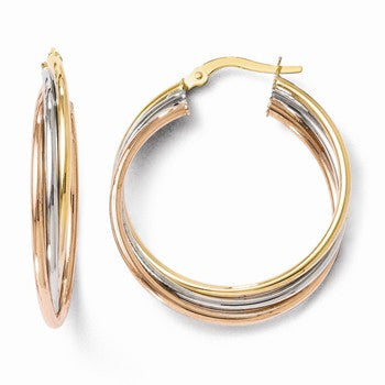 14k Tri-color Polished & Textured Twisted Hoop Earrings