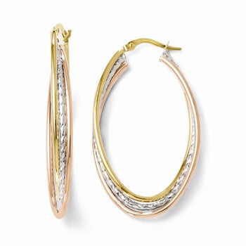 14k Tri-color Polished & Textured Oval Hoop Earrings