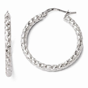 14k White Gold Polished & Textured Hoop Earrings