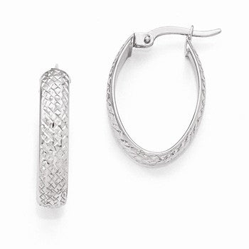 14k White Gold Diamond-cut Oval Hinged Hoop Earrings