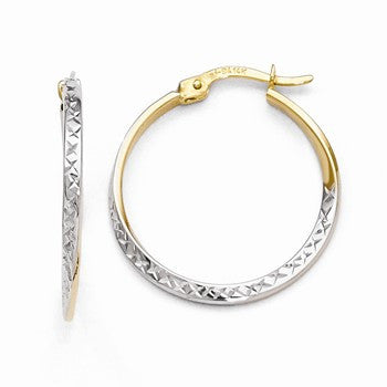 White Rhodium Plated 14k Yellow Gold Diamond-cut Hinged Hoop Earrings