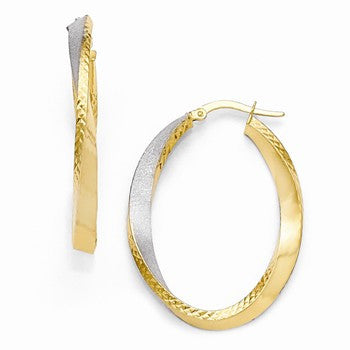 White Rhodium Plated 14k Yellow Gold Polished Satin Diamond-cut Hoop Earrings