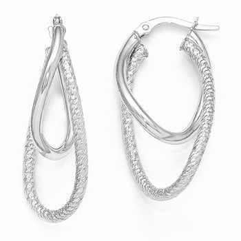 14k White Gold Polished & Textured Hinged Hoop Earrings