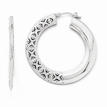 14k White Gold Polished Lazer-cut Large Round Hinged Hoop Earrings