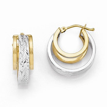 White Rhodium Plated 14k Yellow Gold Polished Diamond-cut Fancy Hoop Earrings