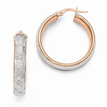 14k Rose Gold w/Rhodium Polished Diamond-cut Hoop Earrings