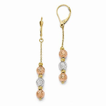 14k Tri Colored Diamond-cut Beaded Leverback Earrings