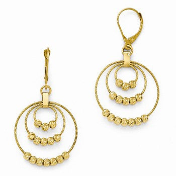 14k Yellow Gold Diamond-Cut Round Beaded Leverback Earrings