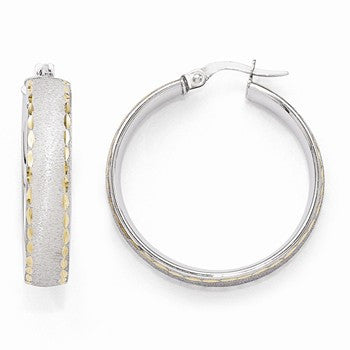 14k White Gold Polished Diamond-cut Brushed Hoop Earrings