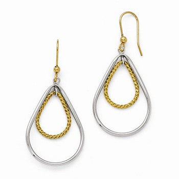 14k Two-tone Polished Diamond-cut Teardrop Dangle Earrings