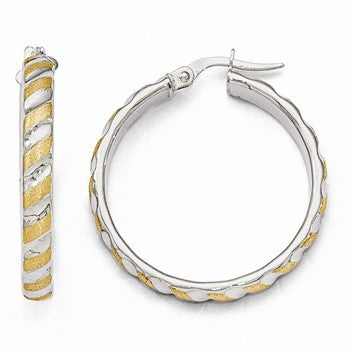 14k White Gold with Yellow Polished Brushed Large Hoop Earrings