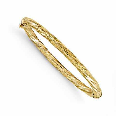 14K Yellow Gold Polished and Textured Twisted Hinged Bangle Bracelet