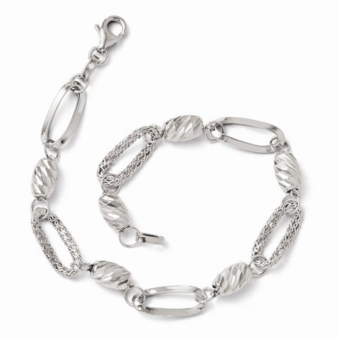 14K White Gold Polished Diamond-Cut Link Bracelet