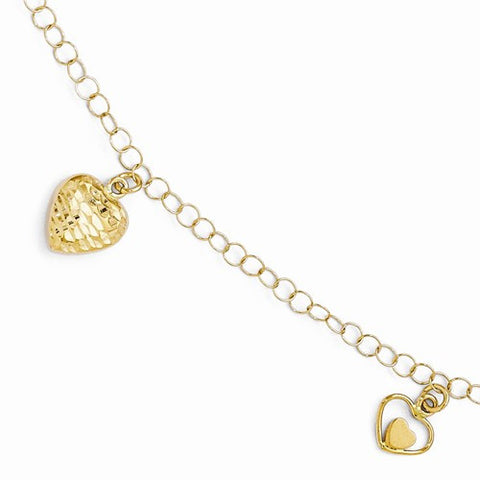 14K Yellow Gold Polished and Diamond-Cut Heart Bracelet