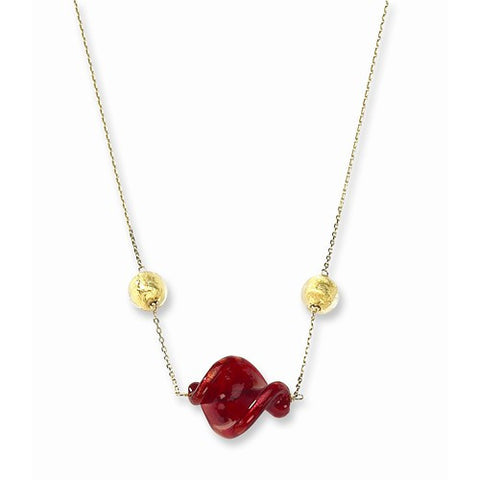 14K Yellow Gold Red & Gold Murano Glass Bead Necklace