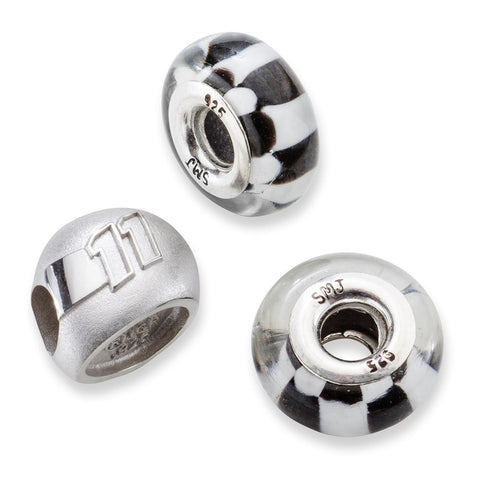 Sterling Silver Two Crossed Flag Beads,with 11 3D Driver Helmet Bead