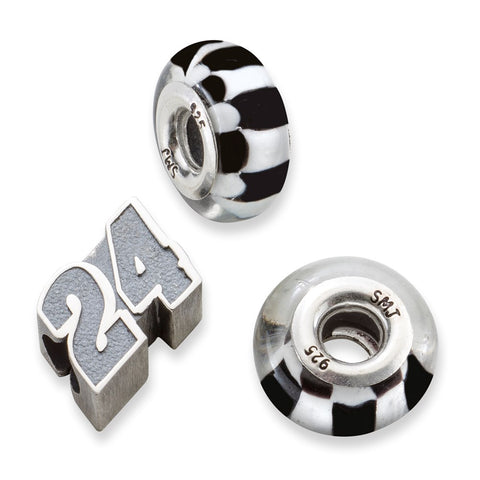 Sterling Silver Antiqued LogoArt Sport,NASCAR #24 William Byron 2 Glass Beads,Set