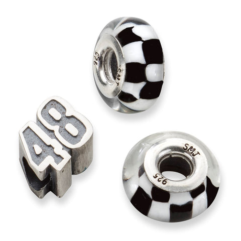 Sterling Silver Antiqued LogoArt Sport,NASCAR #48 Jimmie Johnson 2 Glass Bead Set