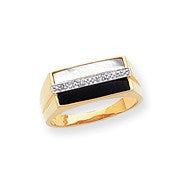 14k Yellow Gold Onyx, Mother of Pearl & Diamond Mens Ring