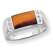 14k White Gold Tigers Eye & Diamond Mens Ring