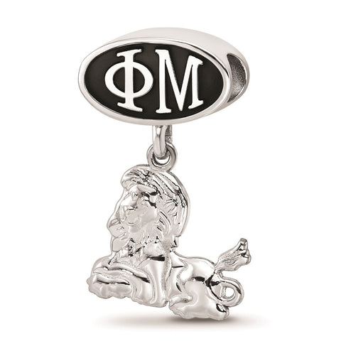 Sterling Silver LogoArt Phi Mu Oval With Lion Dangle Bead